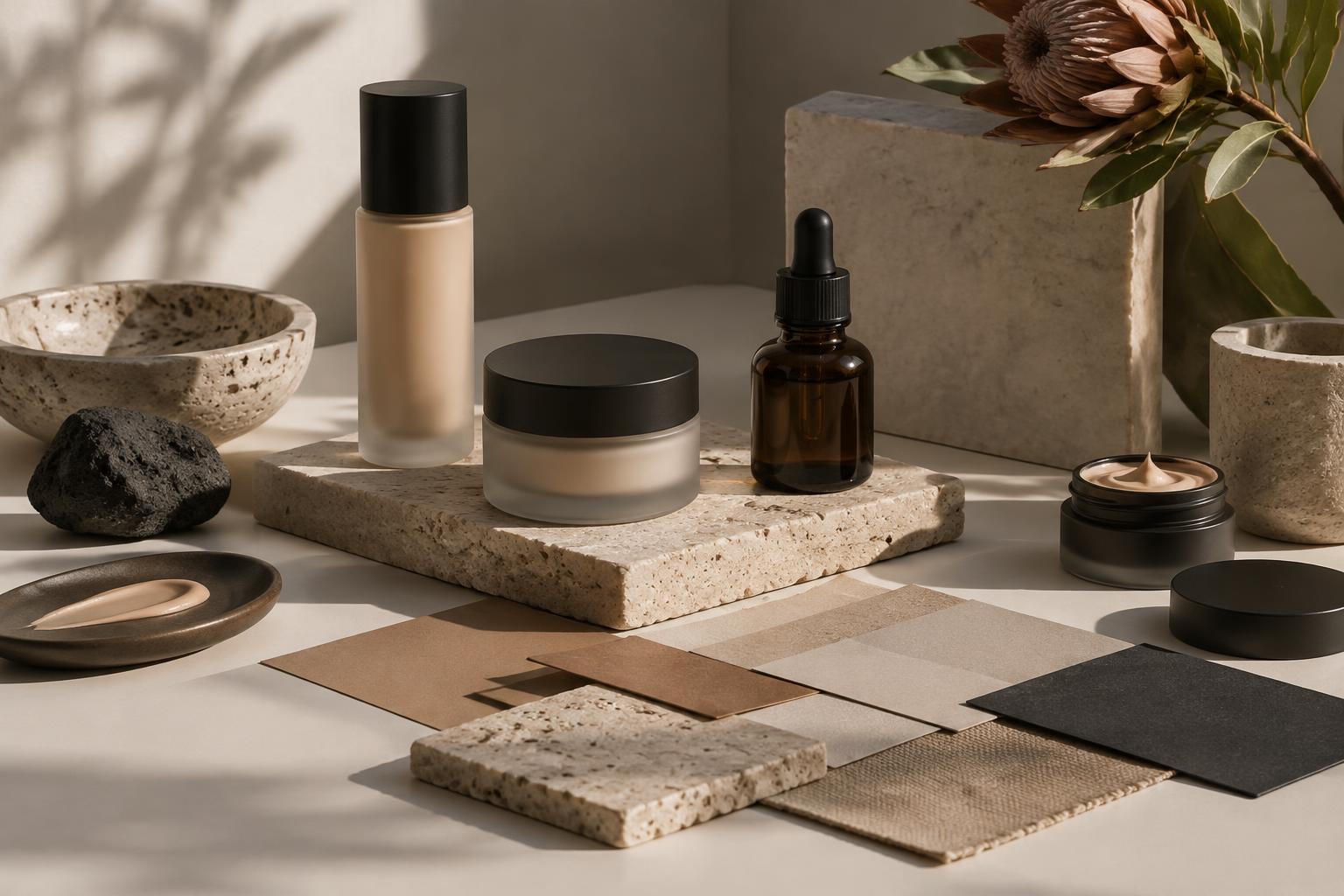 Embalagens cosméticas sem marca ao lado de amostras de materiais e cores