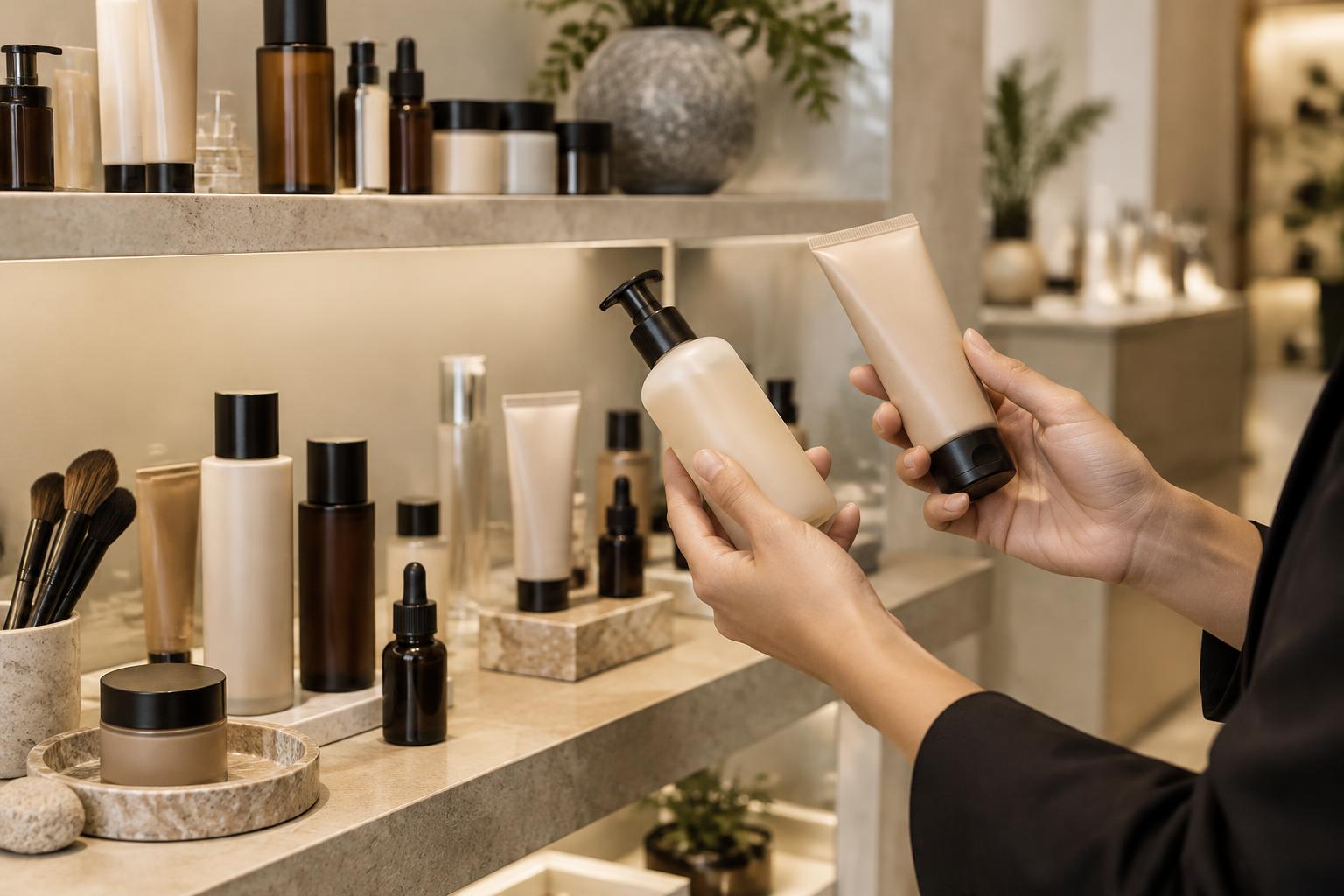 Profissional comparando embalagens cosméticas sem marca em um ambiente de pesquisa de mercado