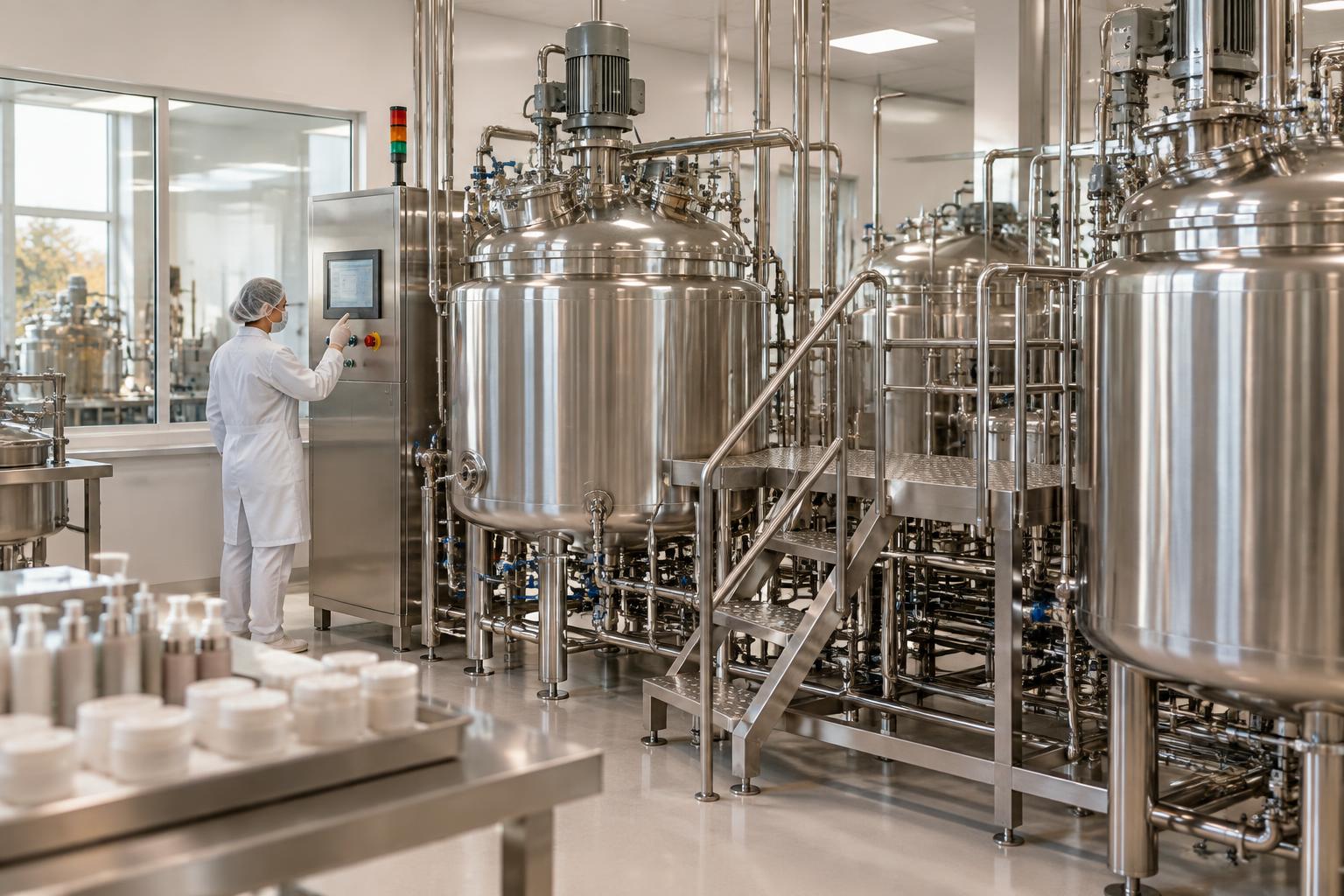 Área de produção cosmética com tanques de aço e profissional acompanhando o processo