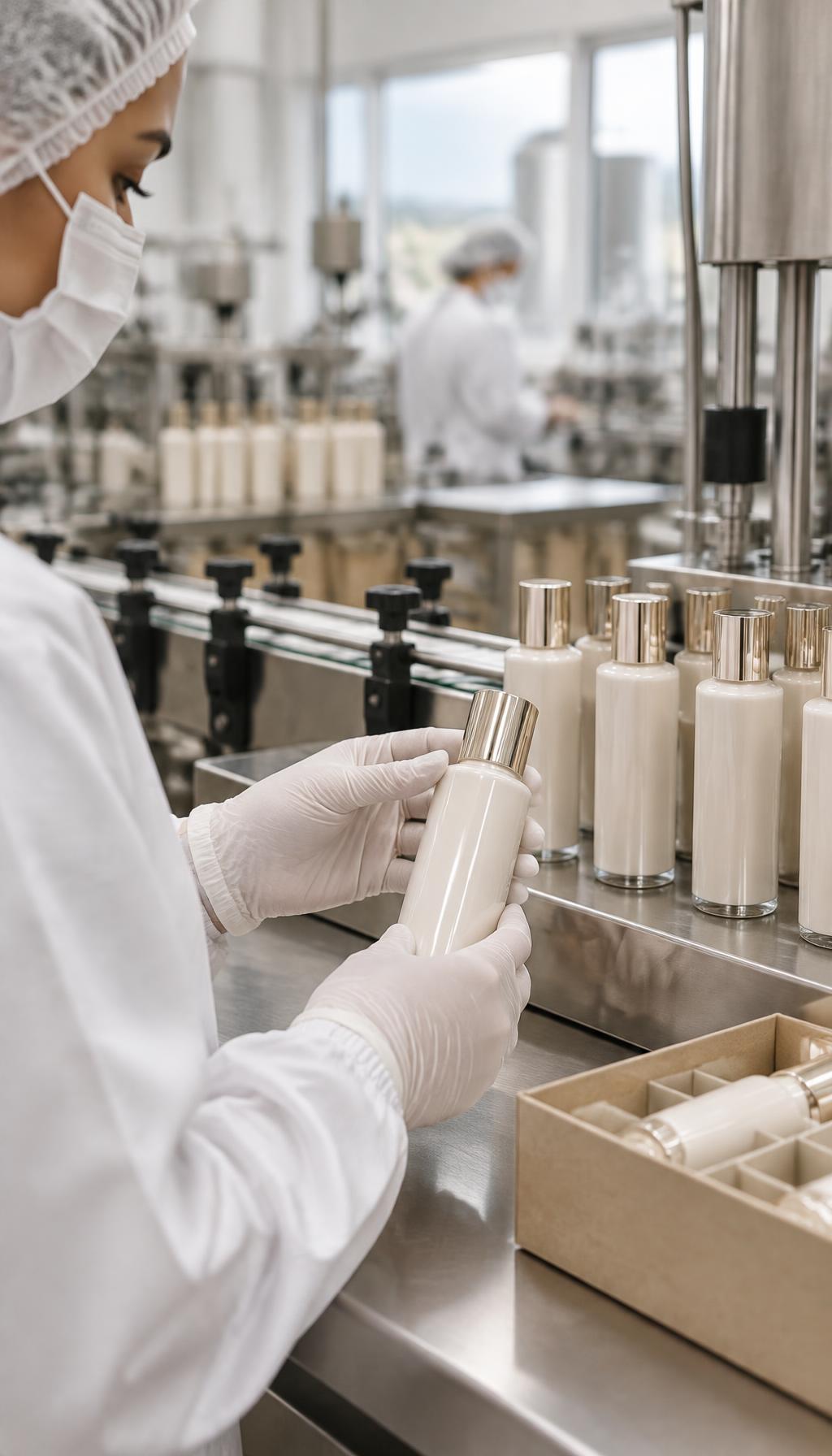 Profissional inspecionando a finalização de uma embalagem cosmética